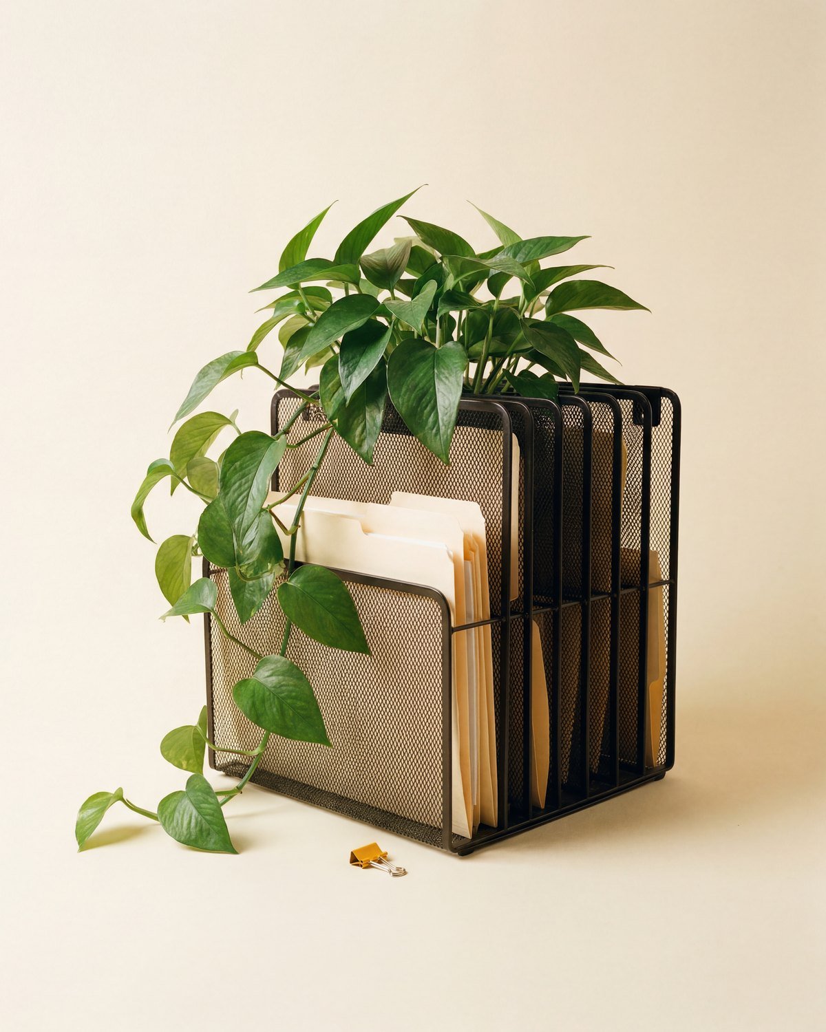 A pothos plant growing up and out of a black mesh file organizer, trailing past the folders