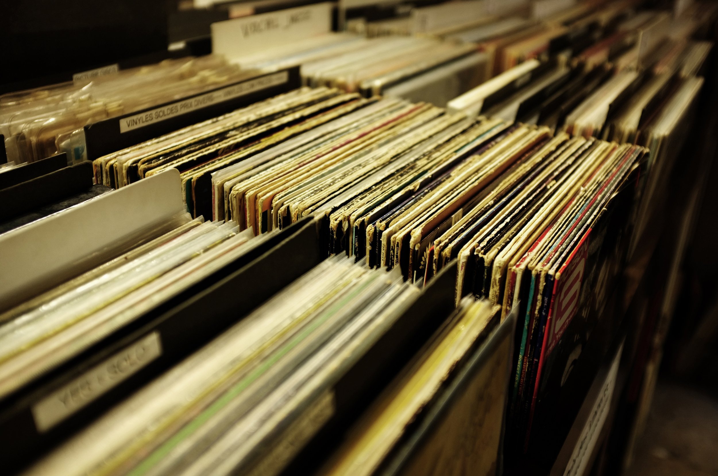 Crates of vinyl records in a shop