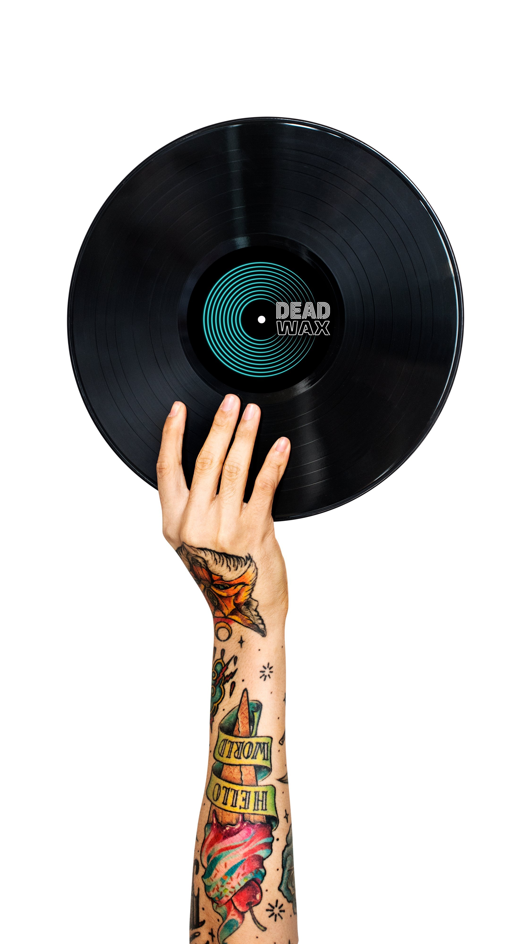 A tattooed hand holding a Dead Wax vinyl record