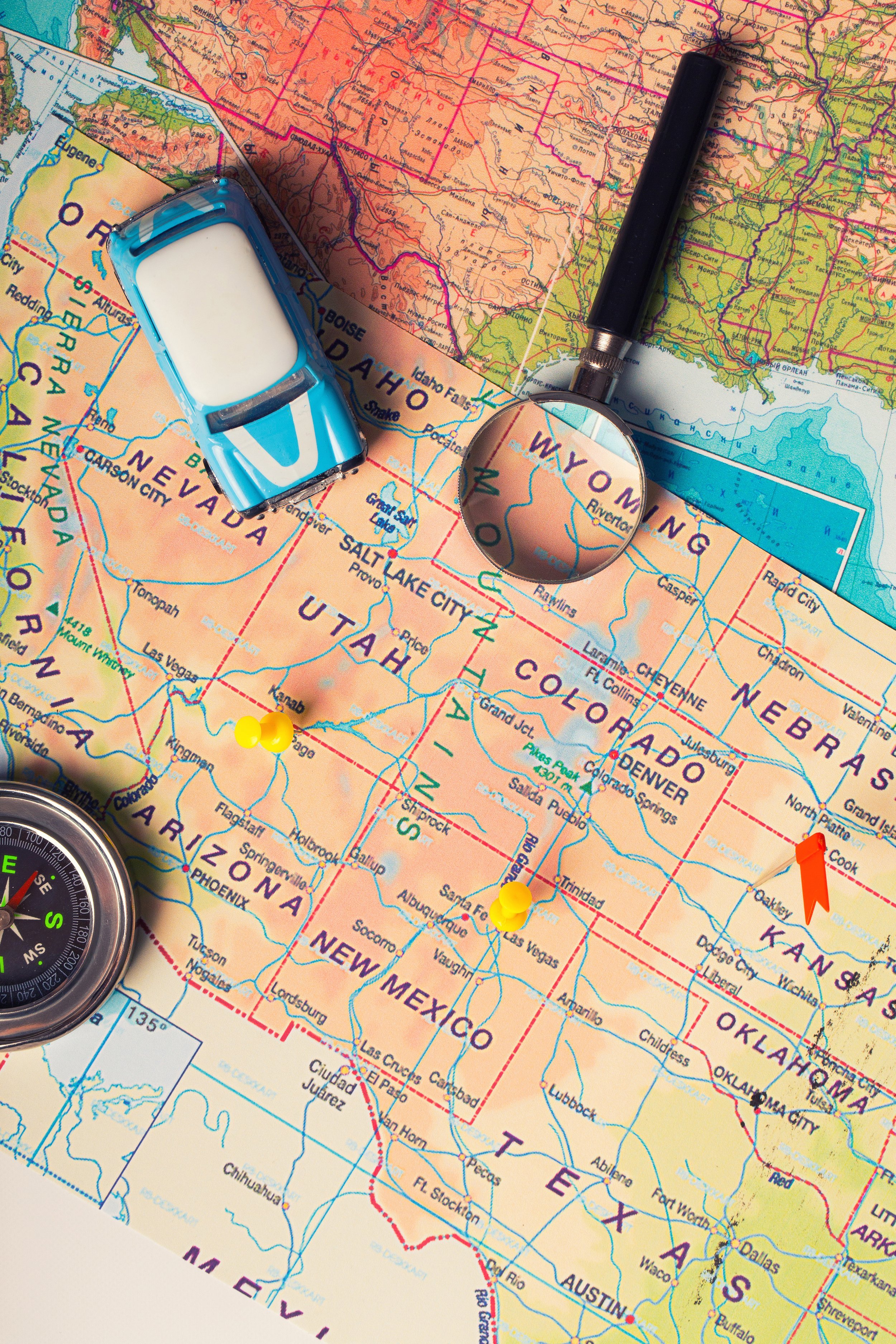 Road-trip map with compass